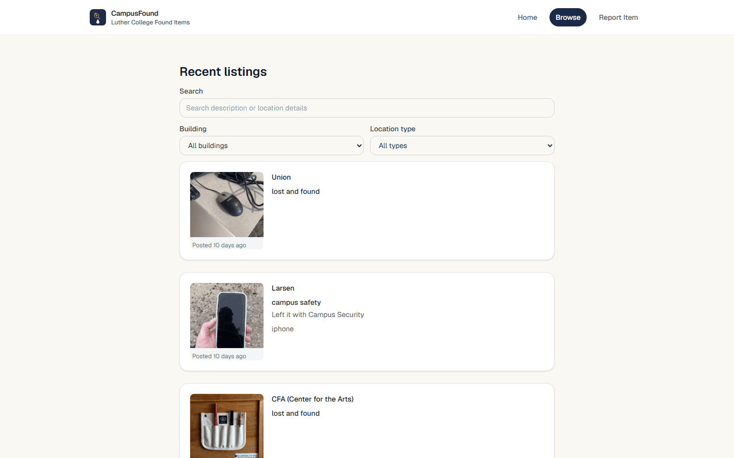 CampusFound browse page listing recently found items with photos, search, and building filters