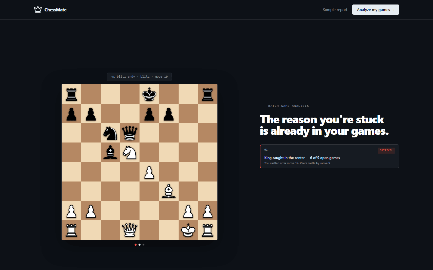 ChessMate landing page: batch game analysis hero with a chessboard and a critical-weakness finding